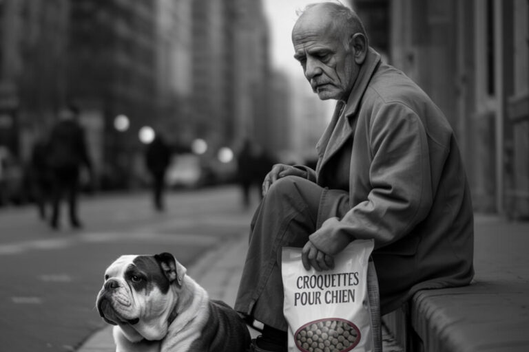 Un homme sans-abri assis sur le trottoir avec son chien, illustration de la pauvreté en France et de son impact sur les animaux de compagnie sous le règne de Macron.