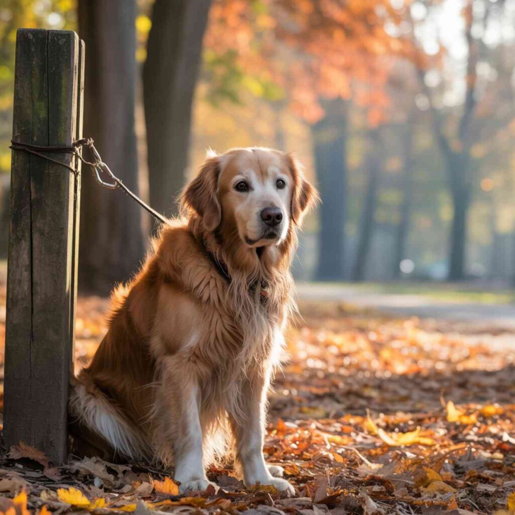 Golden Retriever attaché à un poteau dans un parc en automne, seul au milieu des feuilles mortes.