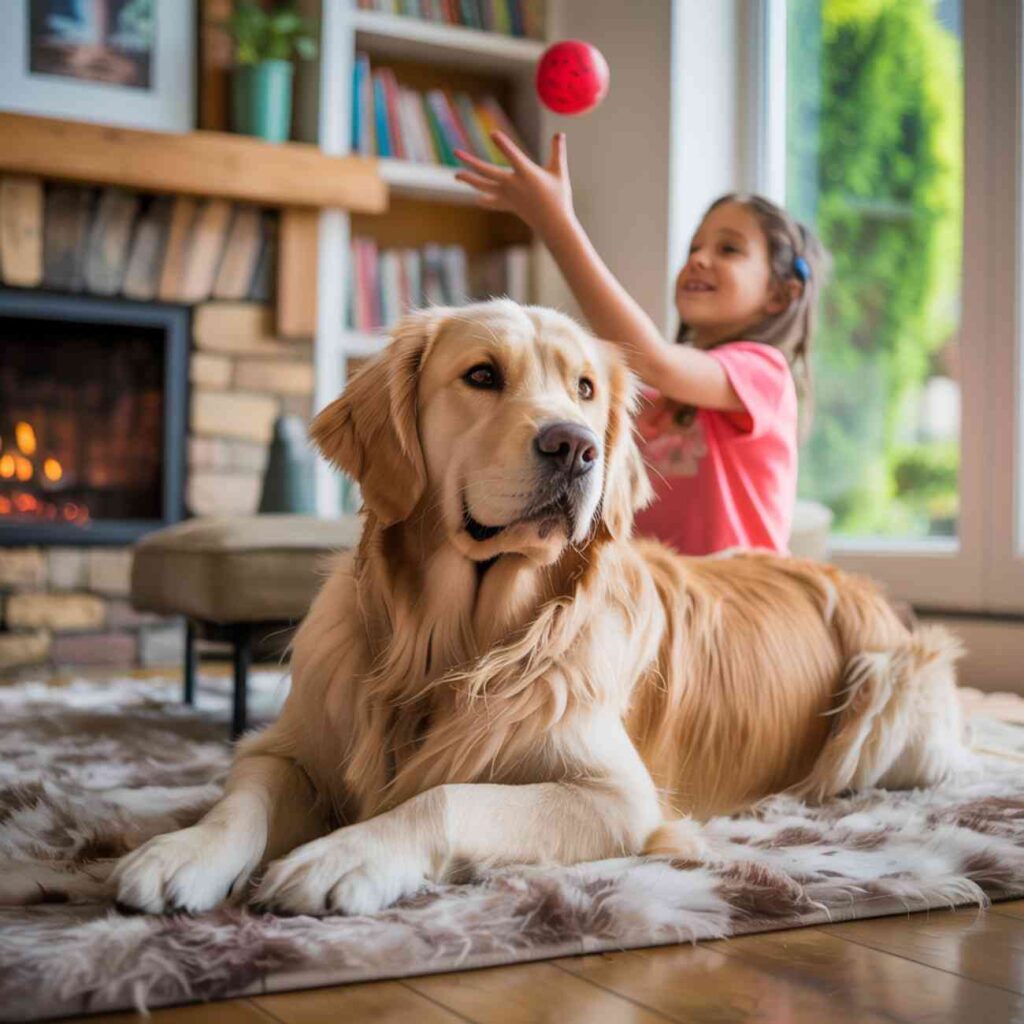 Chien Golden Retriever allongé dans un salon chaleureux pendant qu’une enfant joue avec une balle.