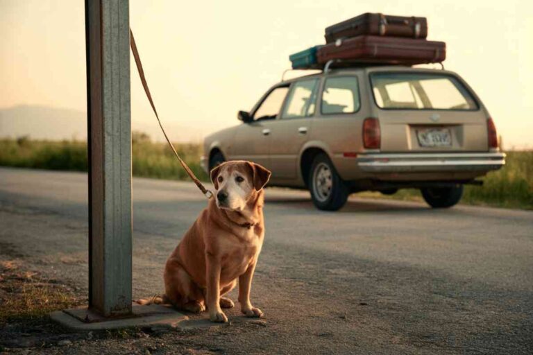 Chien attaché à un poteau sur une route de campagne, abandonné près d'une voiture avec des valises sur le toit.