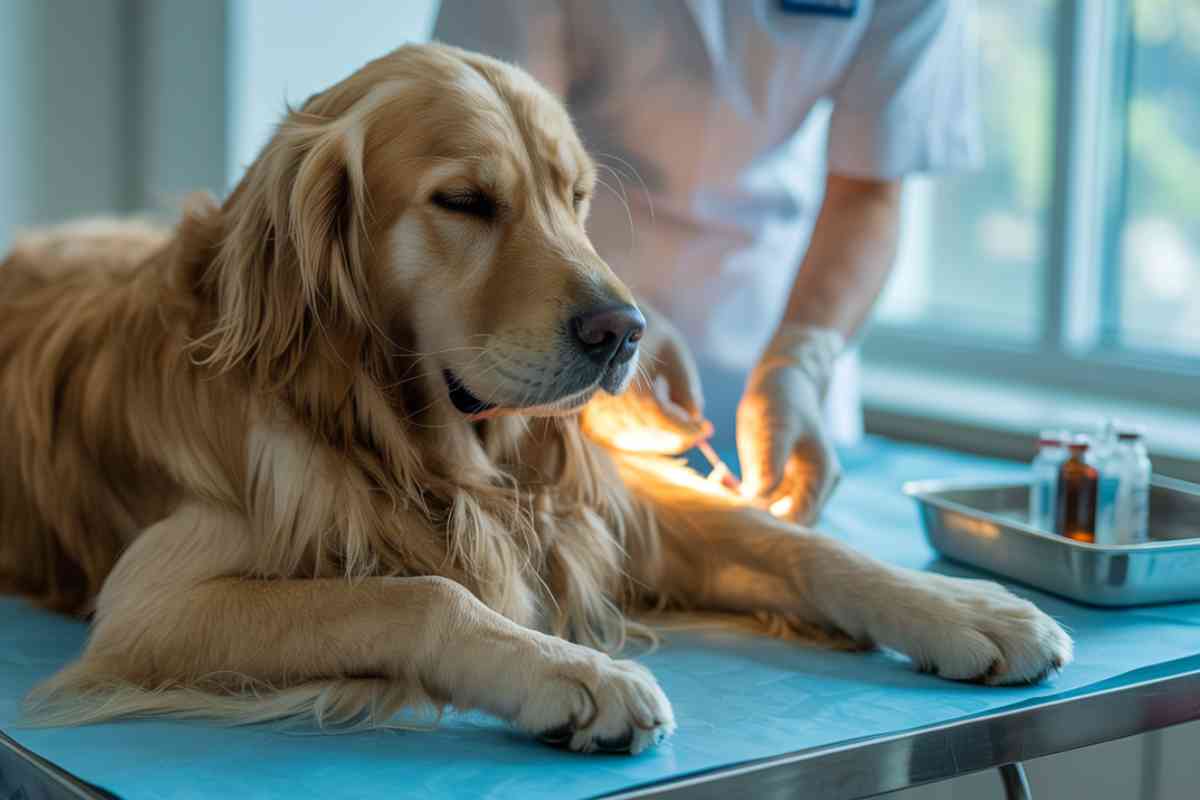 Chien de type Golden Retriever recevant des soins vétérinaires sur une table d’examen.