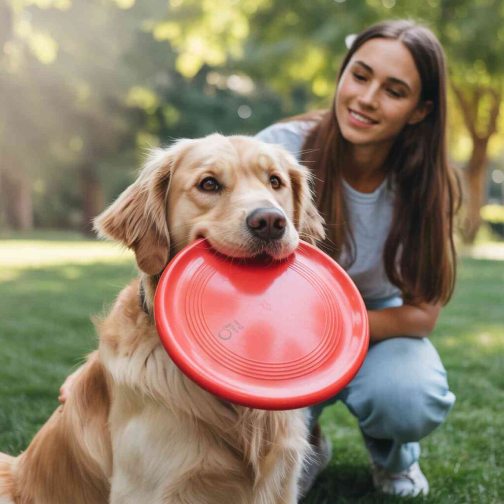 Chien tenant un frisbee rouge dans sa gueule, assis sur l’herbe près d’une femme souriante dans un parc.