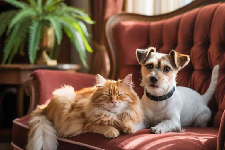 Chat roux allongé paisiblement à côté d’un petit chien blanc sur un canapé rouge, dans un intérieur chaleureux.