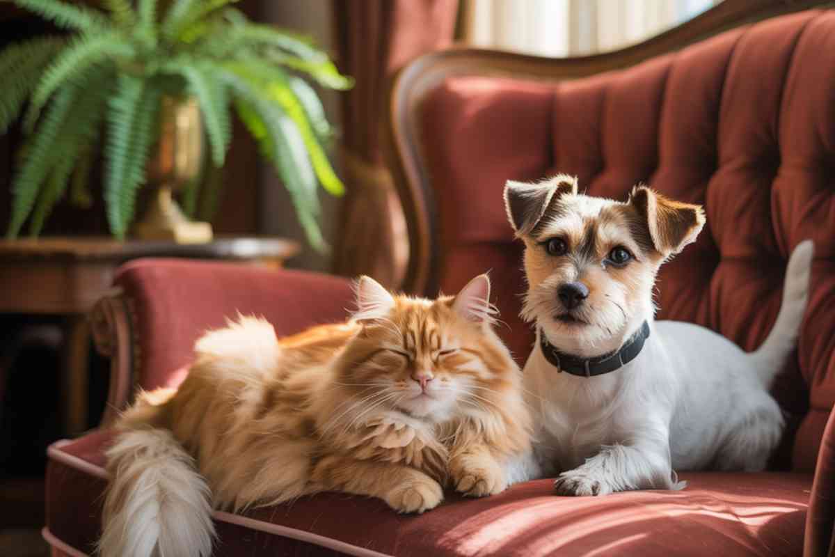Chat roux allongé paisiblement à côté d’un petit chien blanc sur un canapé rouge, dans un intérieur chaleureux.
