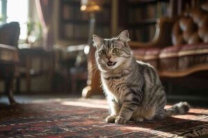 Chat âgé qui miaule beaucoup assis dans un salon ancien