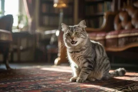 Chat âgé qui miaule beaucoup assis dans un salon ancien