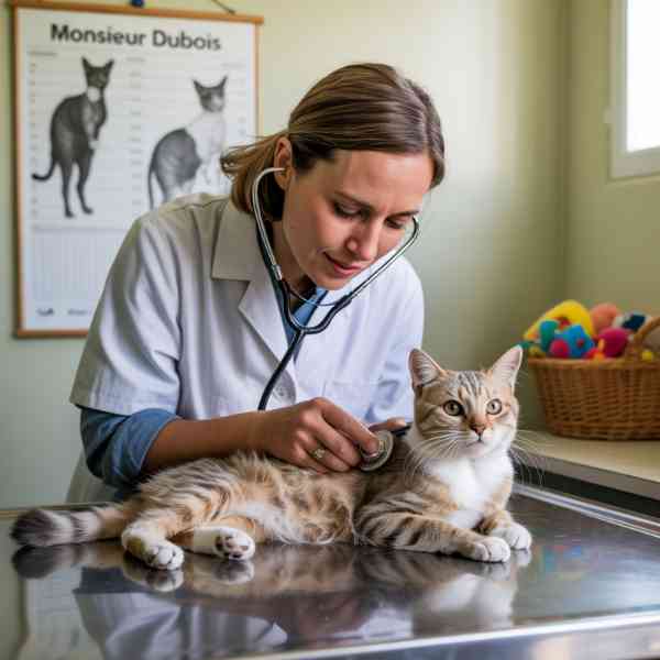 Chat âgé qui miaule beaucoup examiné par un vétérinaire