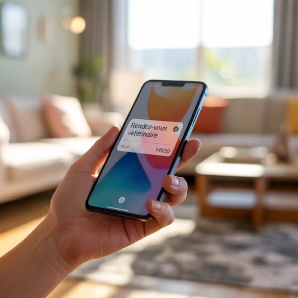 Notification de rappel de rendez-vous vétérinaire sur un smartphone, illustrant l’efficacité des rappels automatisés