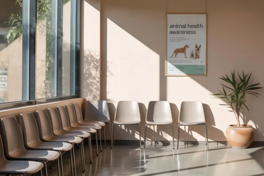 Salle d’attente vide dans une clinique vétérinaire, symbole des rendez-vous manqués et du manque à gagner