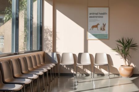 Salle d’attente vide dans une clinique vétérinaire, symbole des rendez-vous manqués et du manque à gagner