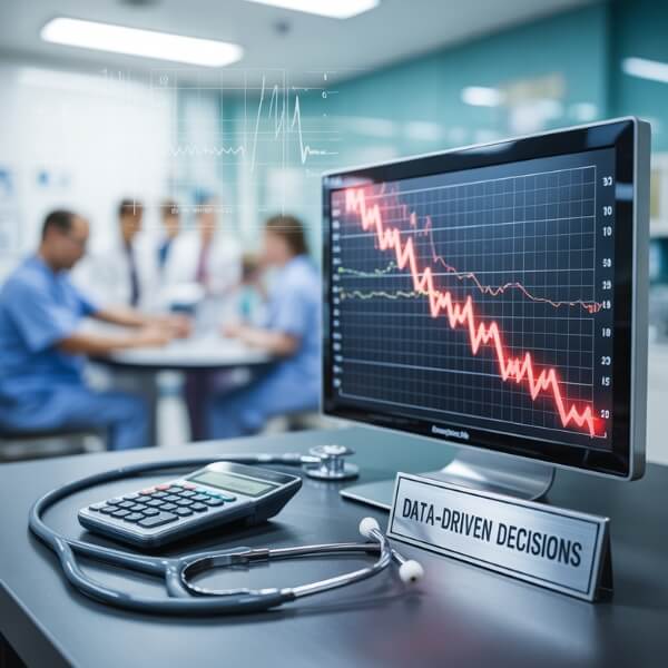 Écran d’ordinateur affichant une chute de revenus avec stéthoscope et calculatrice, symbolisant les pertes liées aux rendez-vous vétérinaires manqués