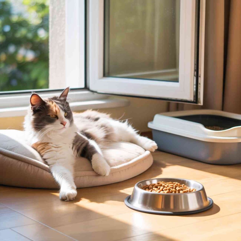 Chat tricolore allongé sur un coussin près d’une fenêtre ouverte, avec une gamelle de croquettes et une litière à proximité.