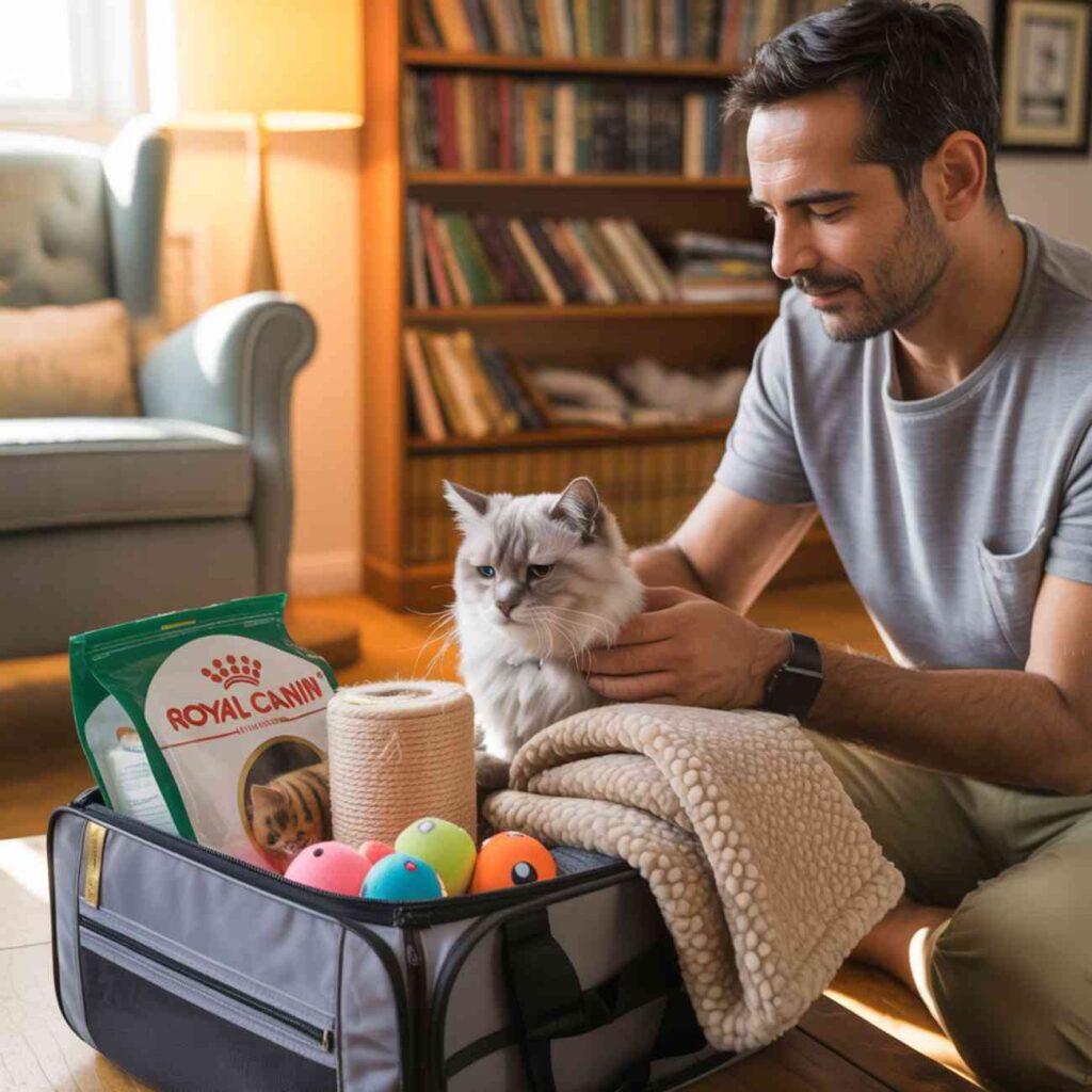 Homme préparant les affaires de son chat pour un séjour, avec couverture, jouets, croquettes et griffoir.