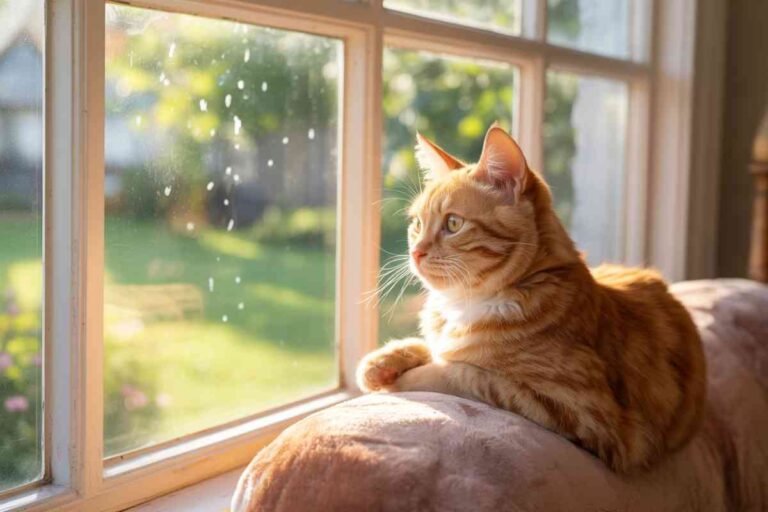 Chat roux allongé sur un coussin, regardant paisiblement par la fenêtre ensoleillée d’une maison.