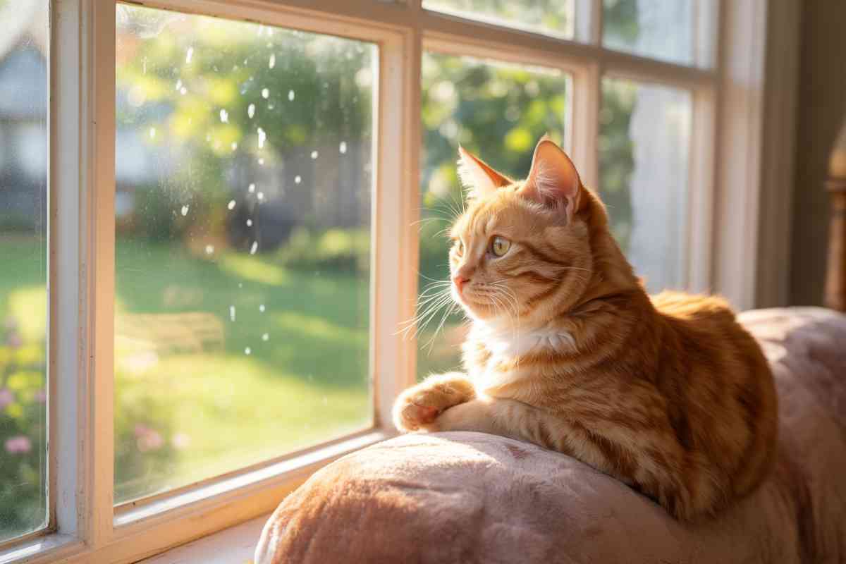 Chat roux allongé sur un coussin, regardant paisiblement par la fenêtre ensoleillée d’une maison.