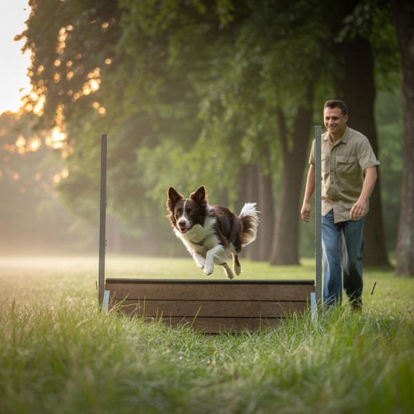 Chien de type Border Collie sautant un obstacle en bois dans un parc, sous la surveillance de son maître, entraînement d’agility au petit matin