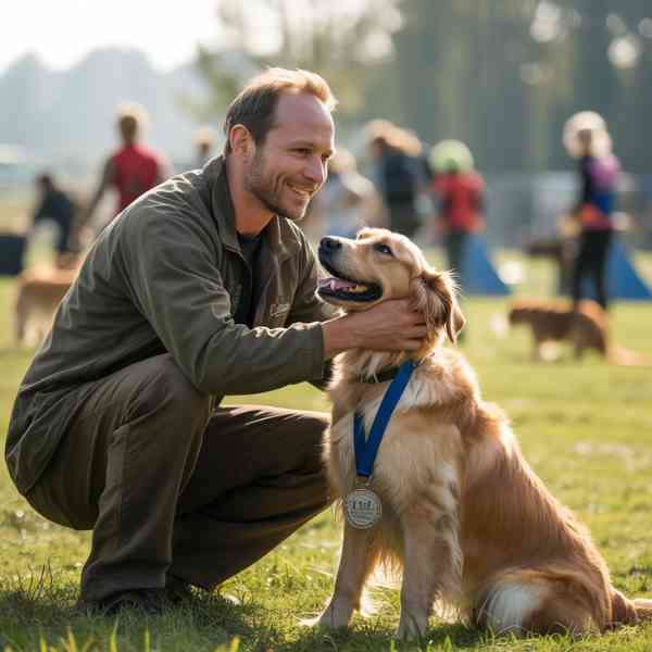 Chien de type Golden Retriever avec une médaille autour du cou, assis fièrement devant son maître souriant, lors d’un concours canin en plein air