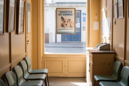 Salle d’attente vide dans une clinique vétérinaire française, banquette en simili cuir vert, lumière naturelle traversant la porte vitrée, affiches aux murs, atmosphère calme et silencieuse.