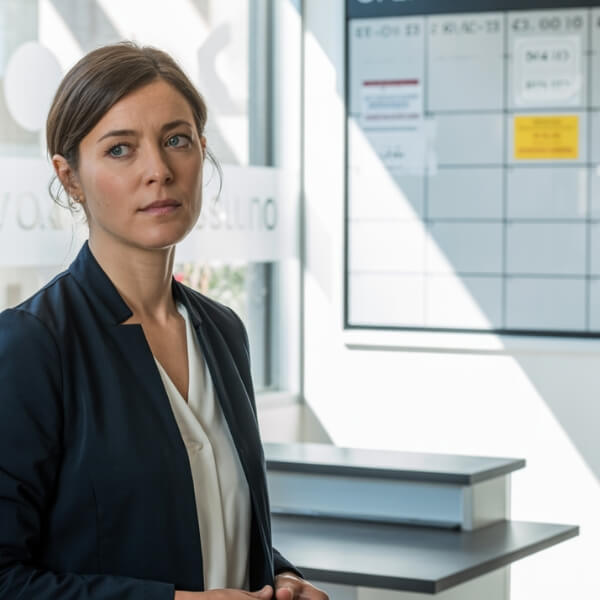 Vétérinaire française en blouse foncée, debout devant un tableau de planning presque vide dans une salle administrative de clinique, expression sérieuse et préoccupée.