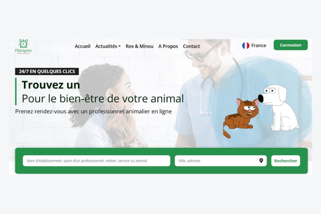 Capture d’écran de la page d’accueil de Planipets, plateforme en ligne dédiée à la mise en relation entre propriétaires d’animaux et pet-sitters locaux.