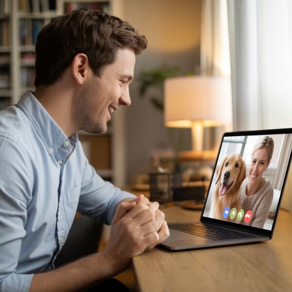Un homme en visioconférence avec une pet-sitter, illustrant la prise de contact en ligne pour organiser la garde d’un animal via Planipets.