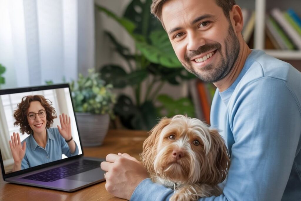 Un homme souriant avec son chien sur les genoux, en visioconférence avec une pet-sitter sur un ordinateur portable, illustrant la facilité de trouver un garde d’animaux en ligne grâce à Planipets.