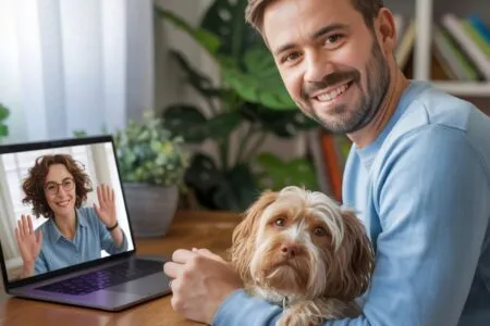 Un homme souriant avec son chien sur les genoux, en visioconférence avec une pet-sitter sur un ordinateur portable, illustrant la facilité de trouver un garde d’animaux en ligne grâce à Planipets.