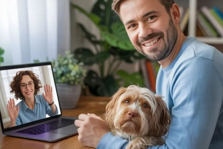 Un homme souriant avec son chien sur les genoux, en visioconférence avec une pet-sitter sur un ordinateur portable, illustrant la facilité de trouver un garde d’animaux en ligne grâce à Planipets.