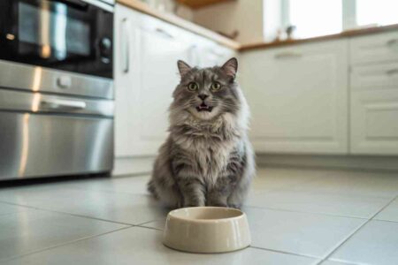 Chat miaule après avoir mangé assis devant une gamelle vide