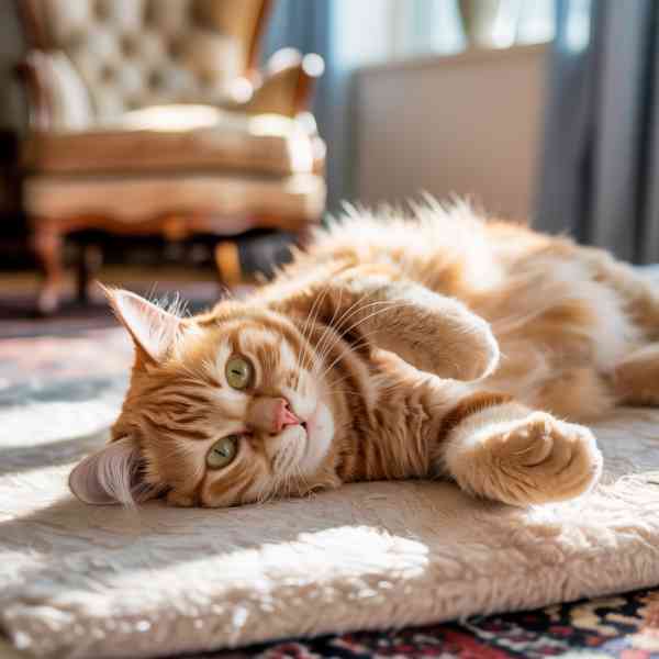 Chat miaule après avoir mangé allongé au sol en pleine digestion