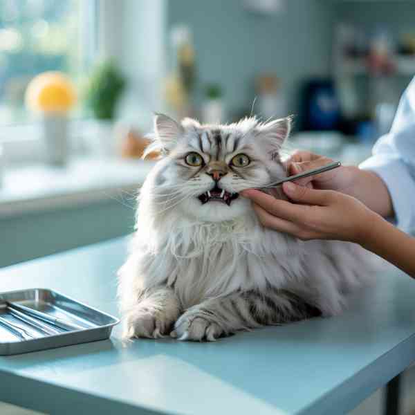 Chat miaule après avoir mangé et se fait examiner la bouche par un vétérinaire