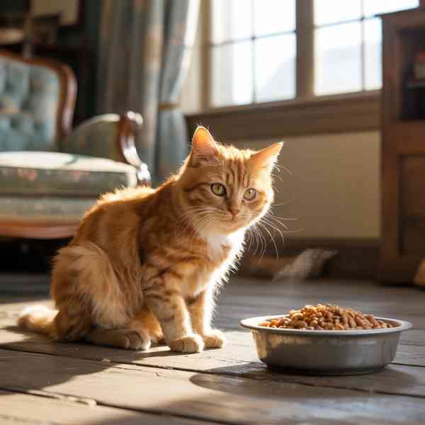 Chat miaule après avoir mangé assis près de sa gamelle pleine