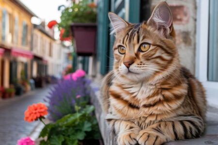 Chat tigré brun assis sur un rebord de fenêtre fleuri, observant la rue dans une ambiance paisible