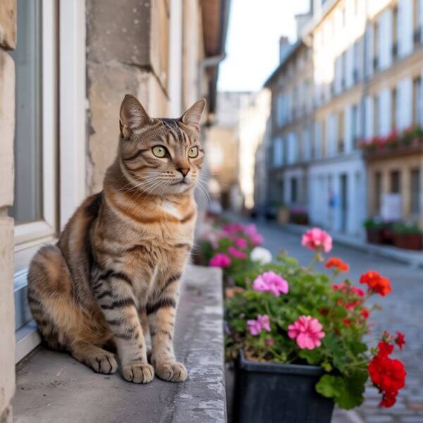 Chat tigré brun assis sur un rebord de fenêtre orné de géraniums, observant la rue pavée