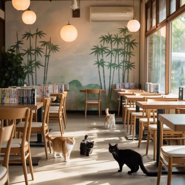 Chat noir marchant à l’intérieur d’un café à chats lumineux, avec tables en bois et décoration végétale