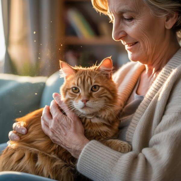 Une femme âgée enlace tendrement un chat senior roux, moment de complicité et de réconfort partagé.