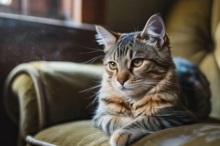 Chat âgé assis sur un canapé, regard pensif vers la lumière, symbole de la vieillesse et de la mémoire fragile.