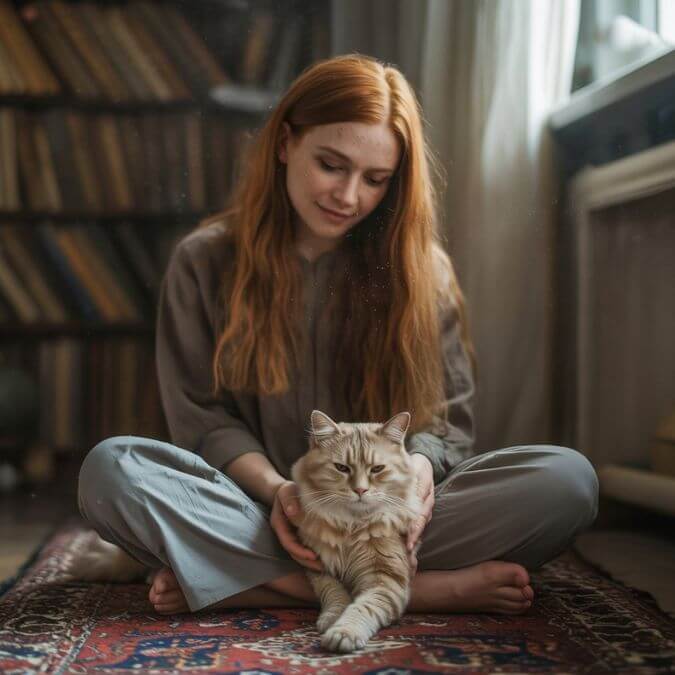 Femme assise en tailleur au sol, un chat crème posé sur ses genoux, instant de calme partagé.