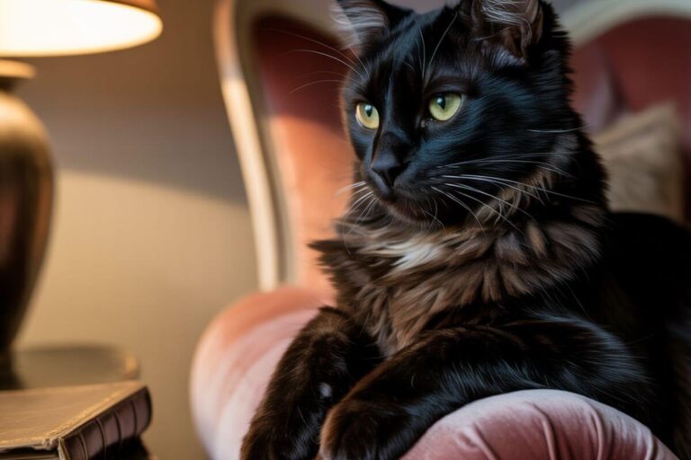 Chat noir assis sur un fauteuil, fixant intensément son maître avec un regard mystérieux.
