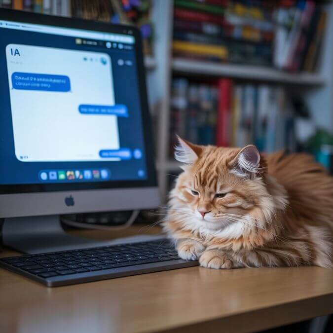 Chat roux allongé sur un bureau devant un ordinateur affichant une fenêtre de discussion avec une intelligence artificielle.