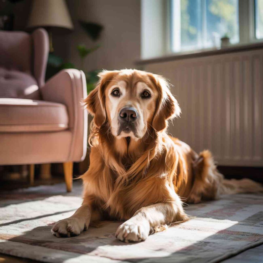 Chien couché sur un tapis, baigné de lumière, regardant calmement vers l’objectif.