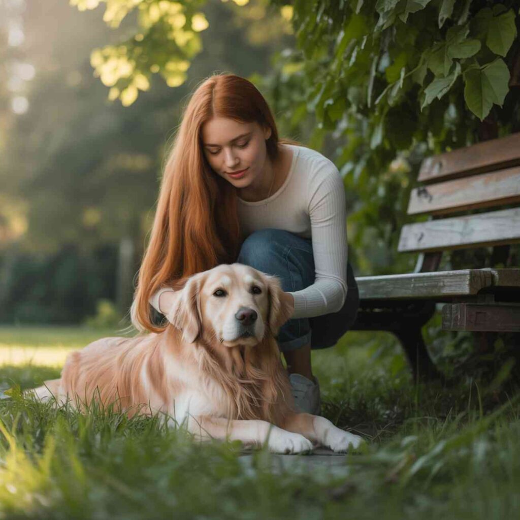 Jeune femme rousse caressant calmement son chien allongé dans l’herbe près d’un banc.