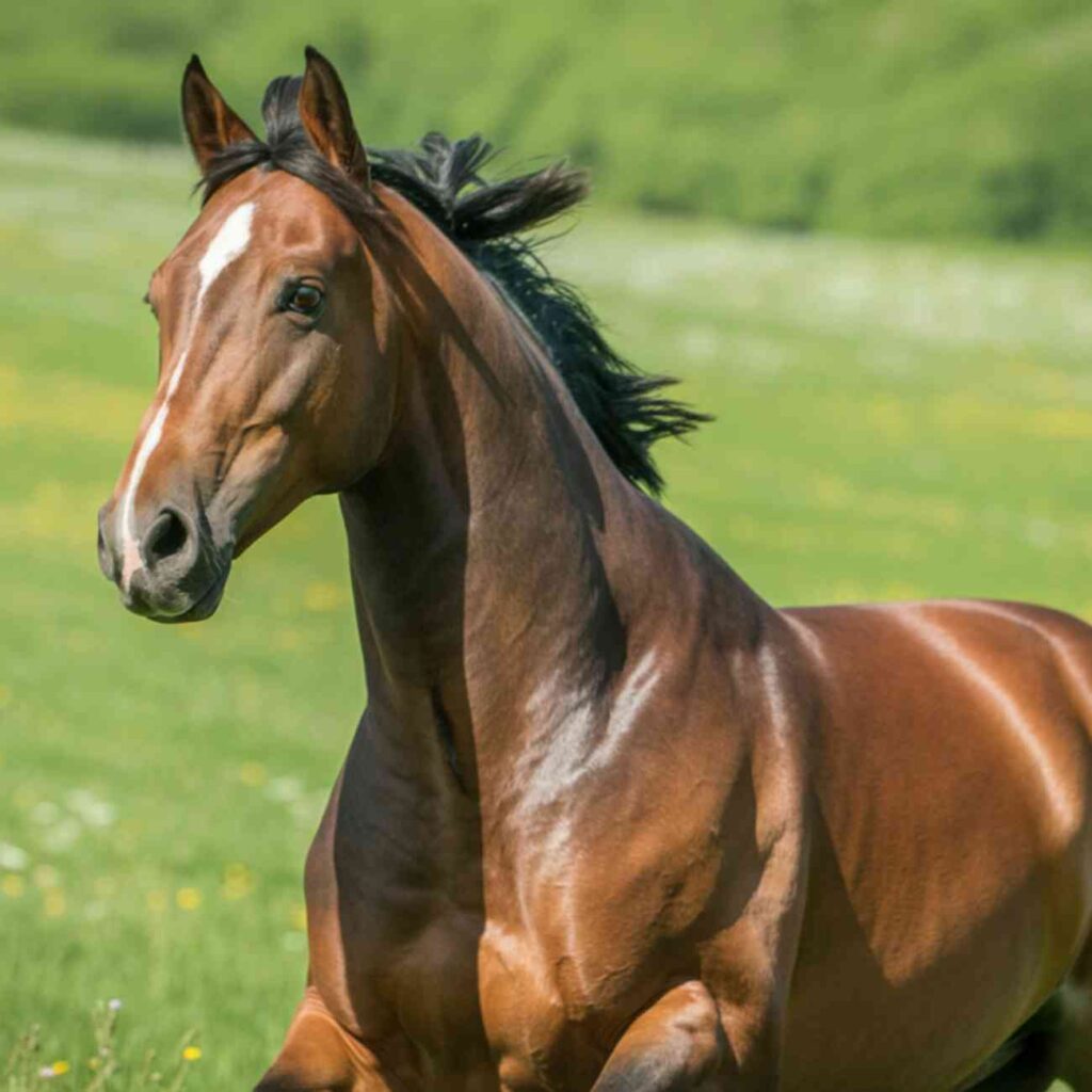 Cheval brun regardant attentivement au loin dans une prairie verdoyante