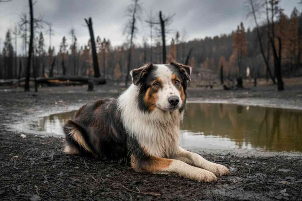 Chien de type Berger australien allongé au sol près d’un étang dans un paysage brûlé et sombre
