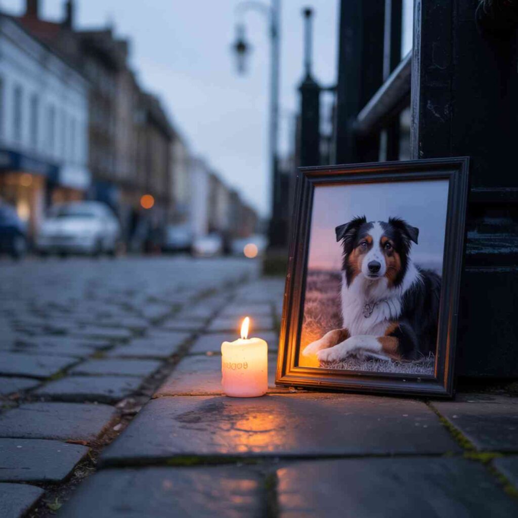 Portrait encadré d’un chien avec une bougie allumée posée sur un trottoir en ville