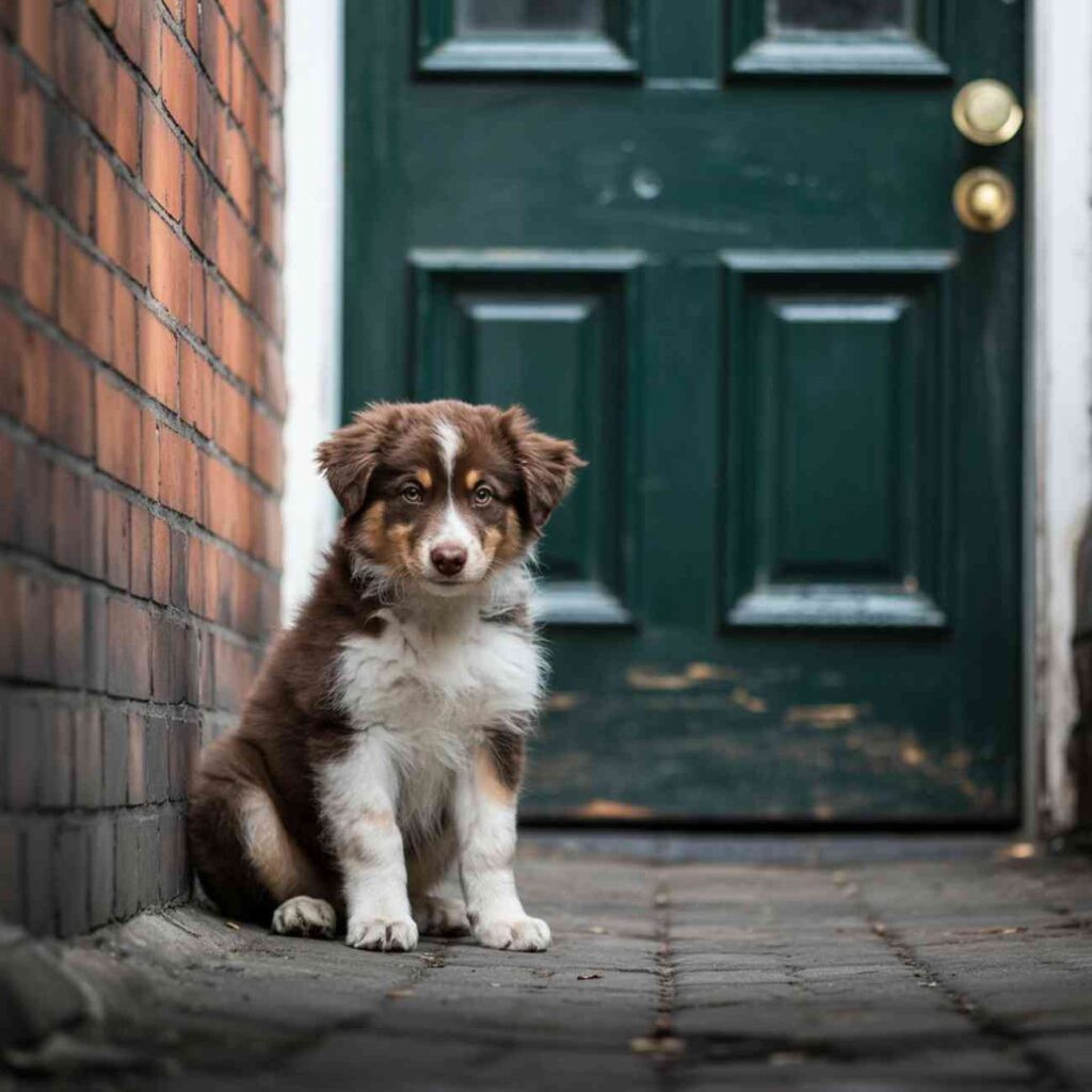Chiot de type Berger australien assis seul devant une porte d’entrée fermée