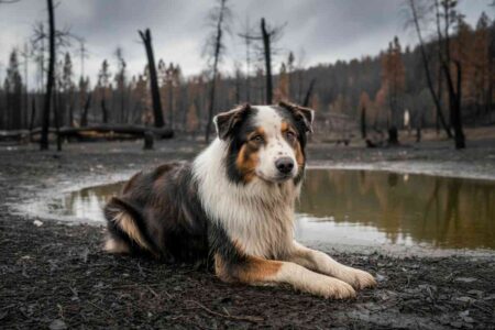 Chien de type Berger australien allongé au sol près d’un étang dans un paysage brûlé et sombre