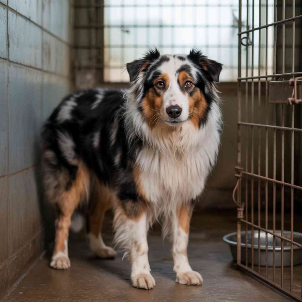Chien de type Berger australien debout dans un box de refuge avec la porte ouverte