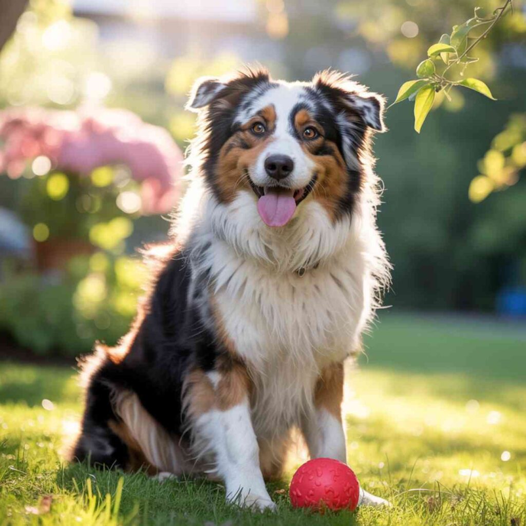 Berger australien assis dans un jardin ensoleillé avec une balle rouge à ses pattes