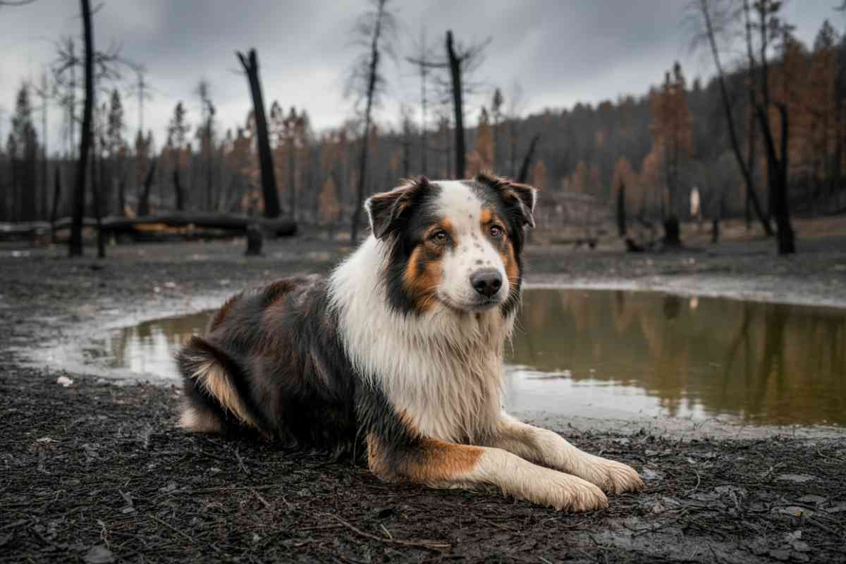 Chien de type Berger australien allongé au sol près d’un étang dans un paysage brûlé et sombre